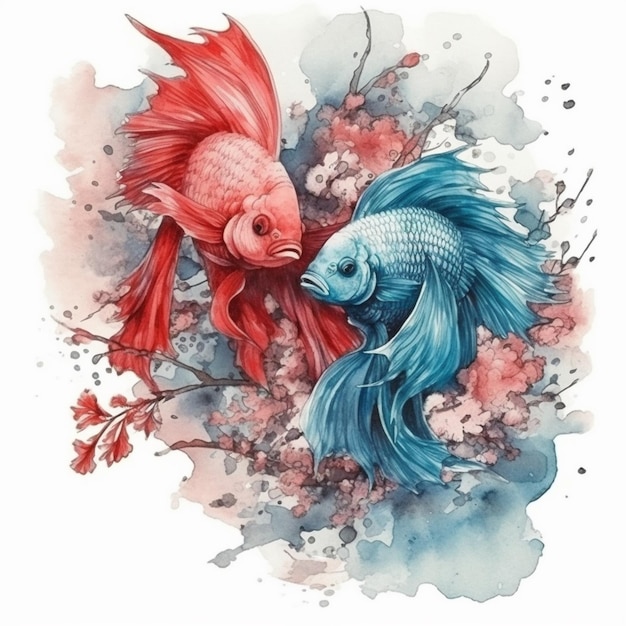 Pintura em aquarela de um grande peixe betta