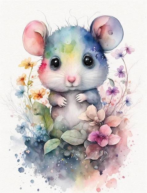 Pintura em aquarela de um hamster com flores