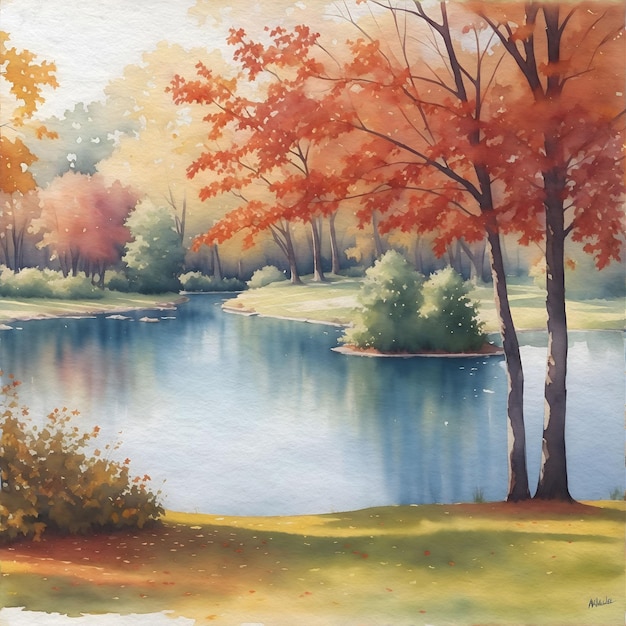 Pintura em aquarela de um lago tranquilo com folhas de outono