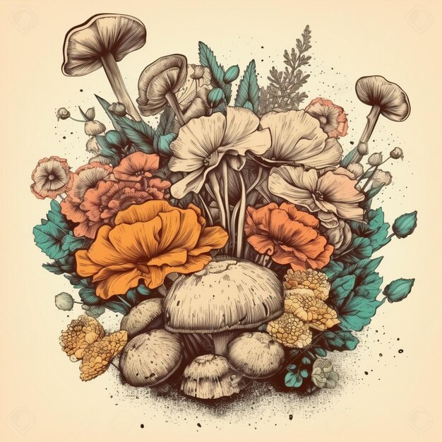 Foto pintura em aquarela de um lindo buquê de flores e cogumelos
