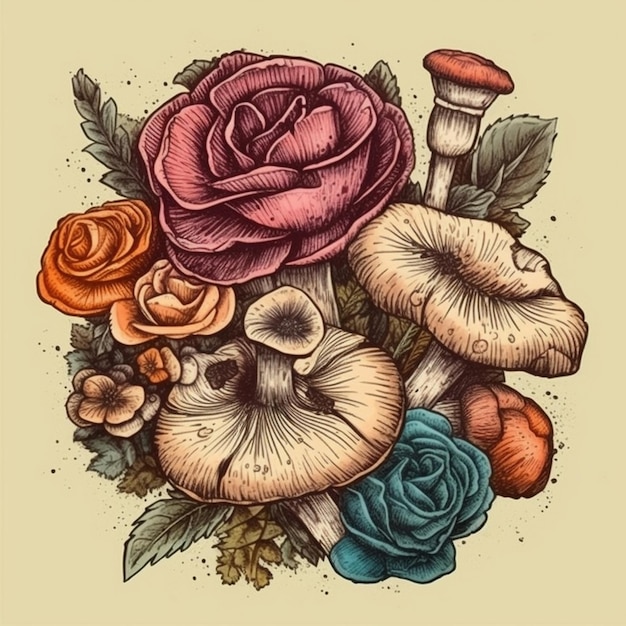Pintura em aquarela de um lindo buquê de flores e cogumelos