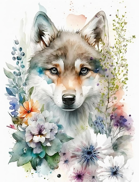 Pintura em aquarela de um lobo com flores