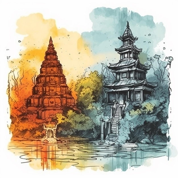 Pintura em aquarela de um majestoso templo