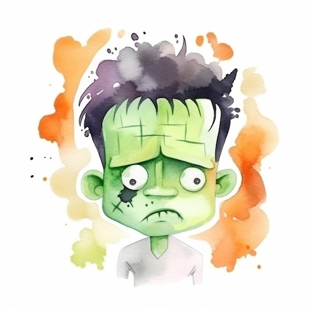 Pintura em aquarela de um monstro verde com cabelo preto e uma camisa branca.