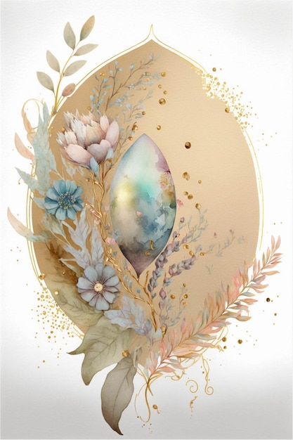Pintura em aquarela de um ovo cercado por flores generativas ai