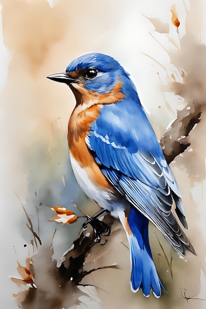 Pintura em aquarela de um pássaro empoleirado em um galho com flores Pintura em impasto grosso