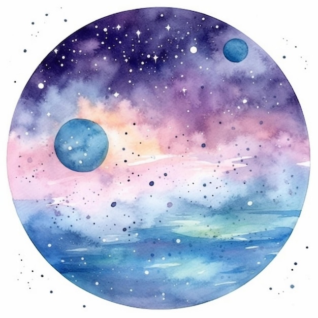 Pintura em aquarela de um planeta com estrelas e planetas nas cores roxo e rosa.