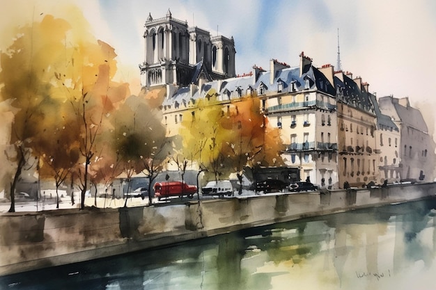 Pintura em aquarela de um prédio em paris