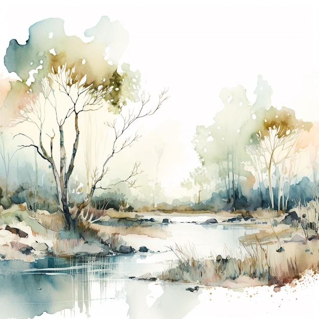 Pintura em aquarela de um rio com árvores em primeiro plano