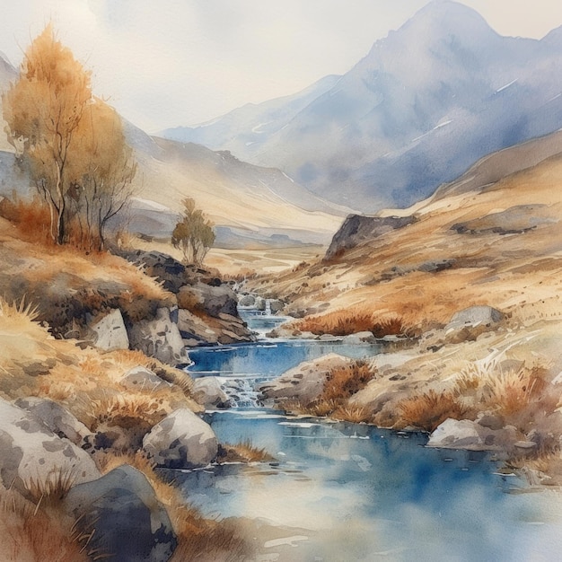 Pintura em aquarela de um rio nas montanhas