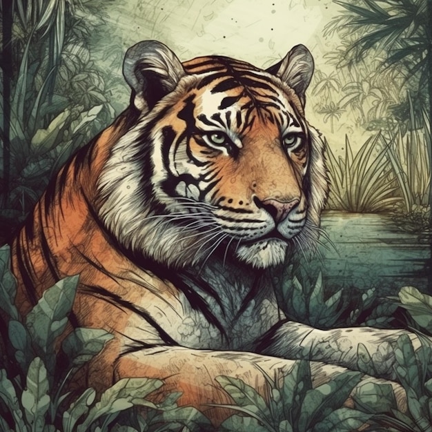 Pintura em aquarela de um tigre