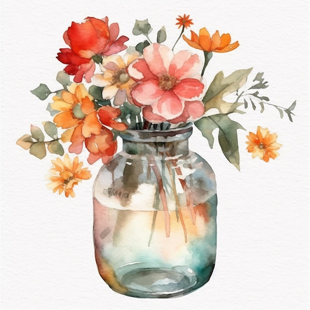 Pintura em aquarela de um vaso com flores e folhas