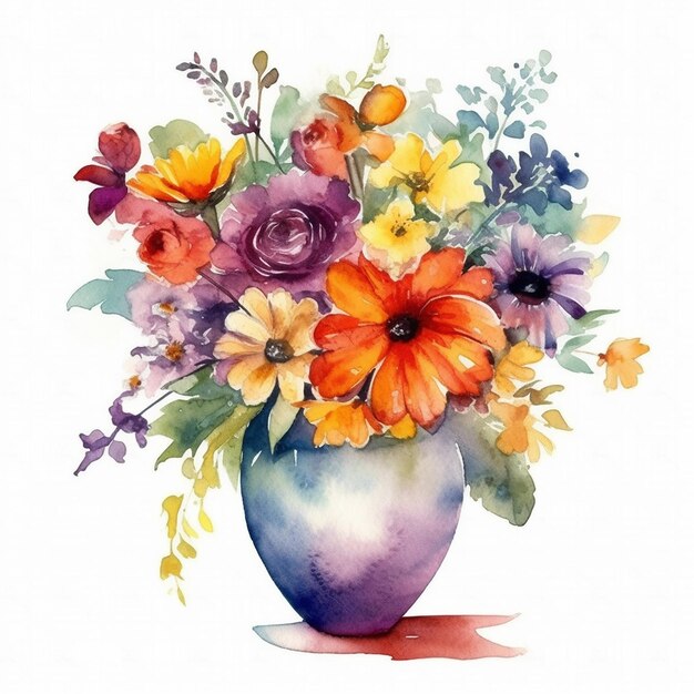 Pintura em aquarela de um vaso com flores e folhas