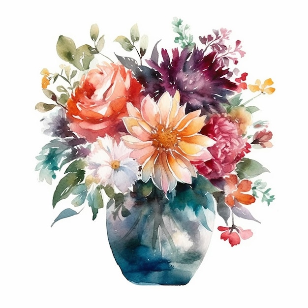 Pintura em aquarela de um vaso com flores e folhas