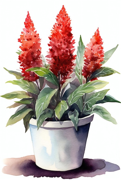 Pintura em aquarela de um vaso de flores com flores vermelhas.