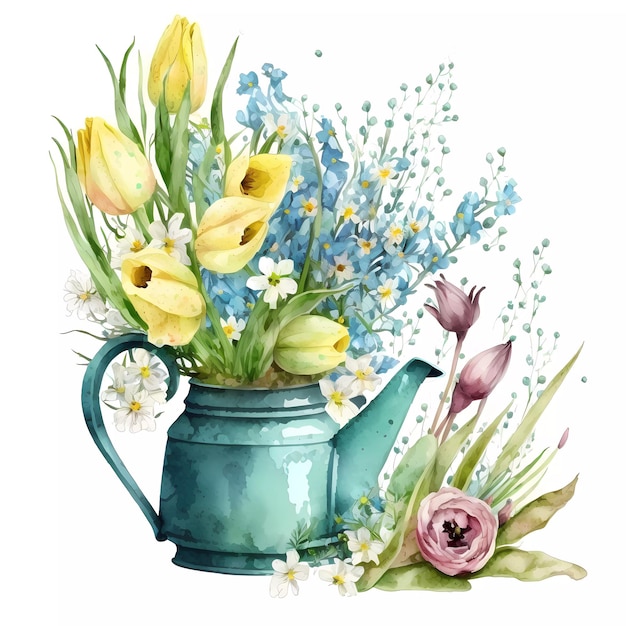 Pintura em aquarela de um vaso de flores e um buquê de tulipas