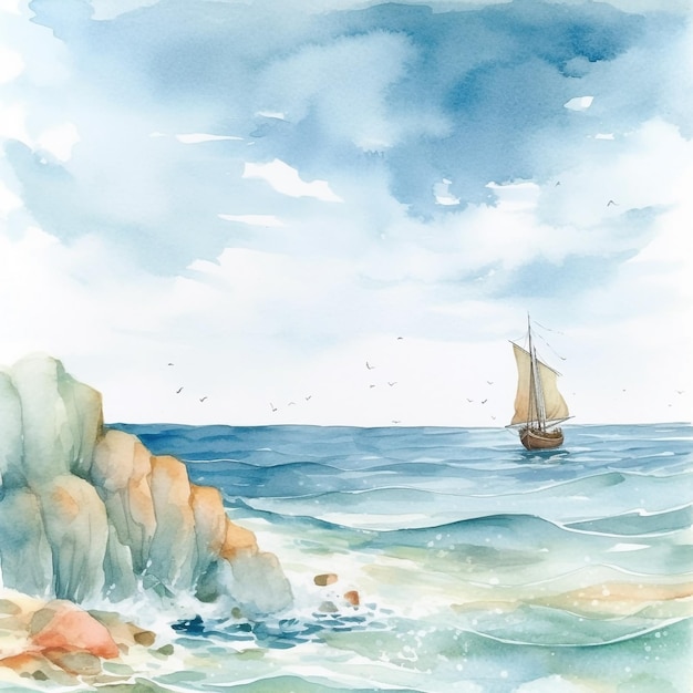 Pintura em aquarela de um veleiro no mar