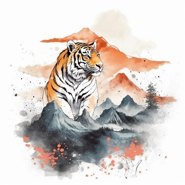 Pintura em aquarela de um velho tigre