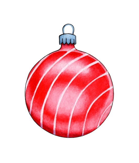 Pintura em aquarela de uma bola de vidro vermelha com uma bola listrada de Ano Novo para decorar a árvore de Natal