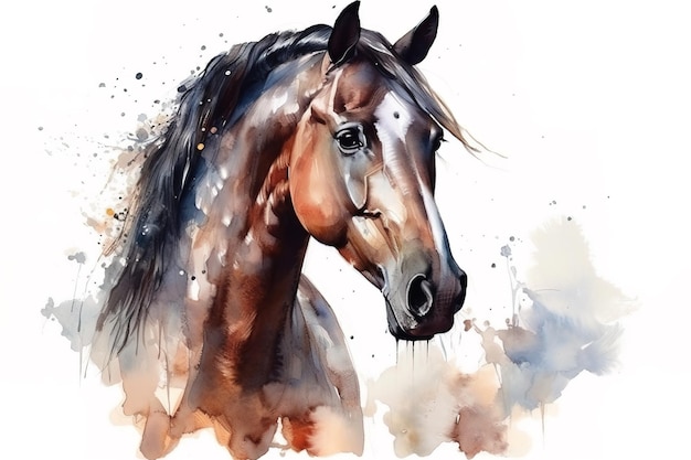 Pintura em aquarela de uma cabeça de cavalo em um fundo branco Ilustração de animais selvagens IA generativa