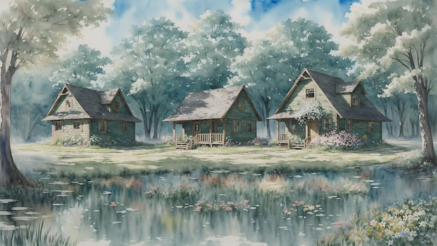 Pintura em aquarela de uma casa de madeira na grama costeira e um pântano