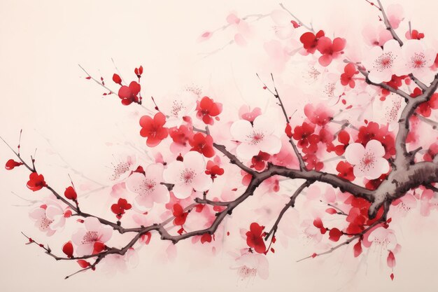 pintura em aquarela de uma cerejeira com flores rosa.