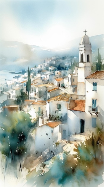 Pintura em aquarela de uma cidade com uma igreja no topo.