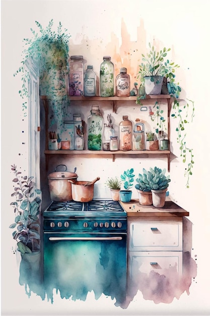 Pintura em aquarela de uma cozinha com vasos de plantas generativas ai