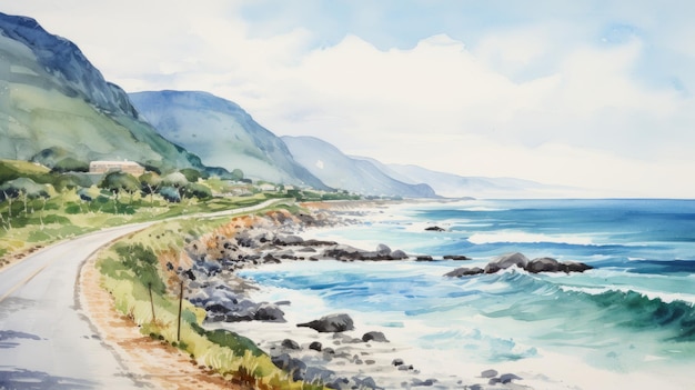 Pintura em aquarela de uma estrada costeira vibrante