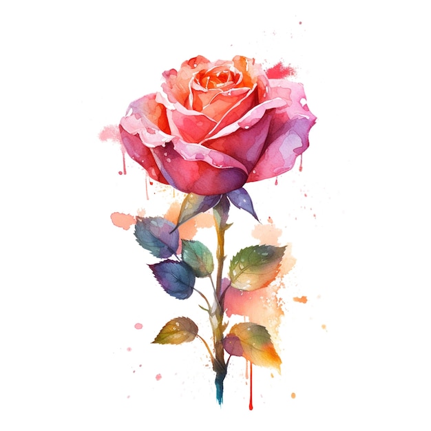 Pintura em aquarela de uma flor com uma rosa rosa.