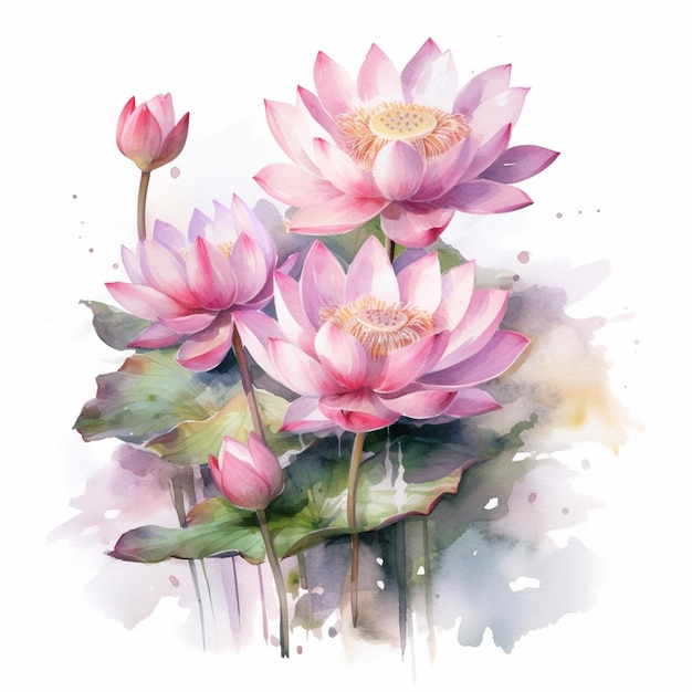 Pintura em aquarela de uma flor de lótus em aquarela rosa