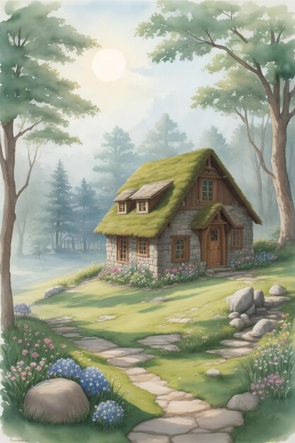 Pintura em aquarela de uma floresta encantada com uma pequena casa de pedra