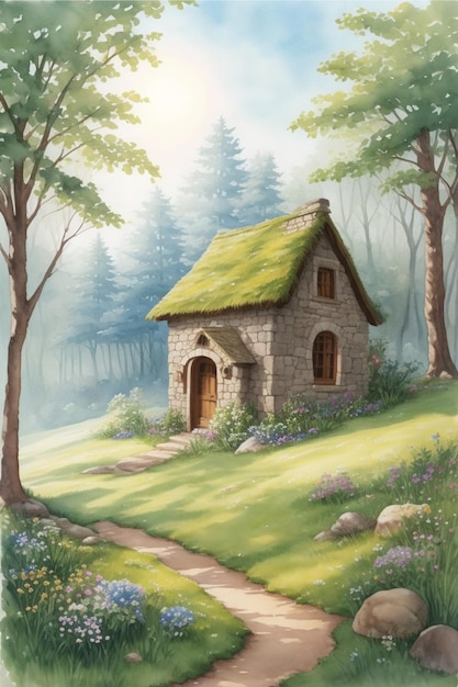 Pintura em aquarela de uma floresta encantada com uma pequena casa de pedra
