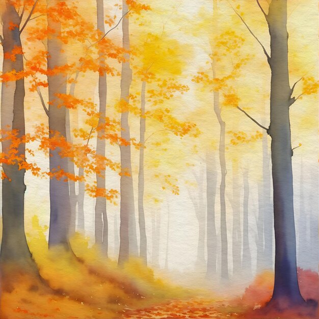Pintura em aquarela de uma floresta nebulosa com árvores e folhas etéreas