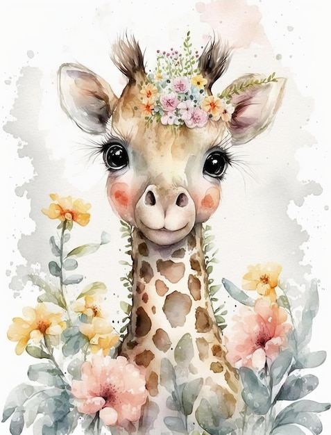 Pintura em aquarela de uma girafa com uma coroa de flores na cabeça.