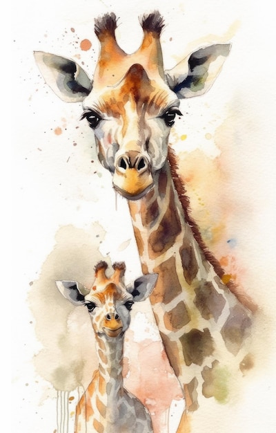 Pintura em aquarela de uma girafa e seu bebê