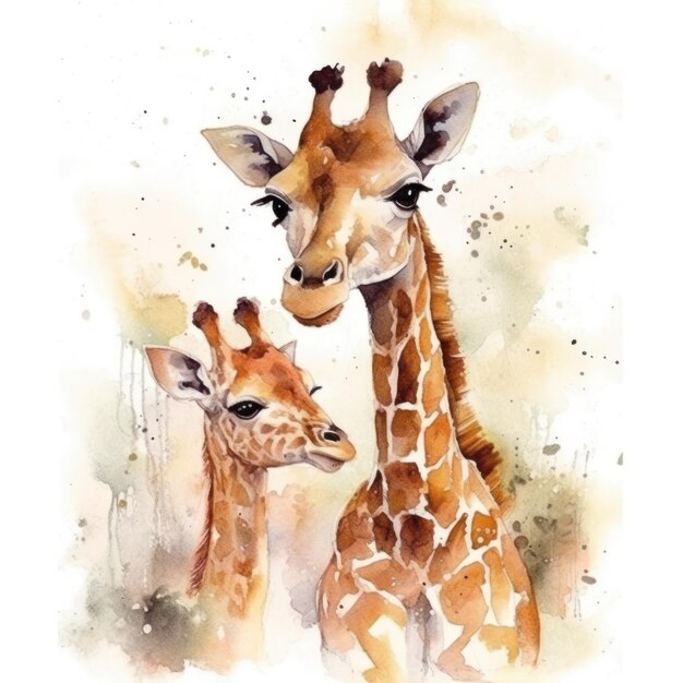 Pintura em aquarela de uma girafa e seu bebê