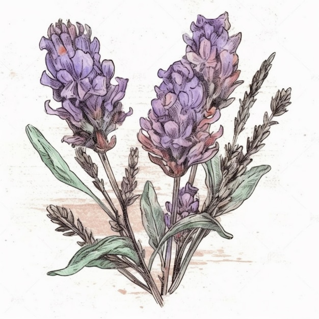 Pintura em aquarela de uma linda flor de lavanda