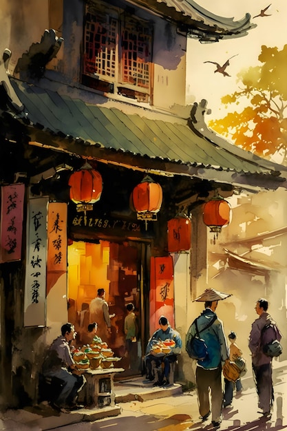 Pintura em aquarela de uma loja tradicional chinesa em um bairro movimentado