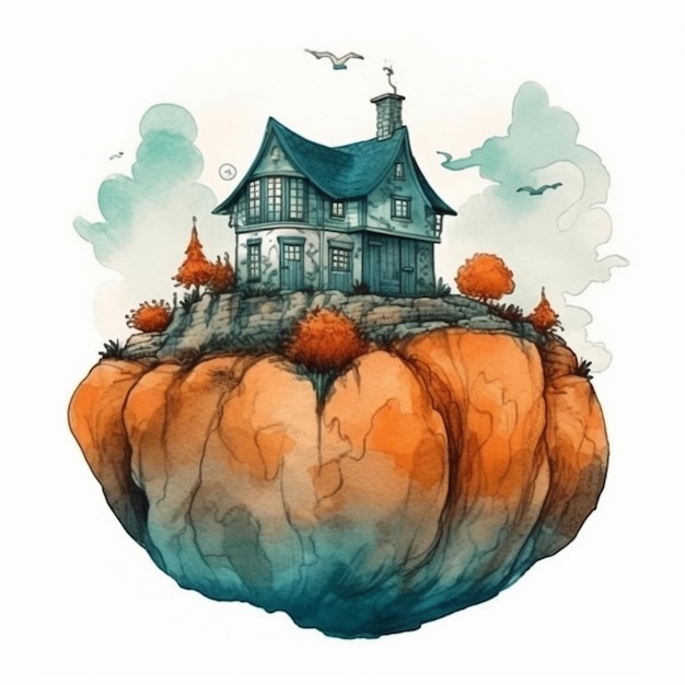 Pintura em aquarela de uma magnífica casa em forma de abóbora