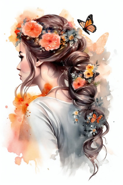 Pintura em aquarela de uma menina com flores no cabelo