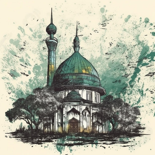 Pintura em aquarela de uma mesquita