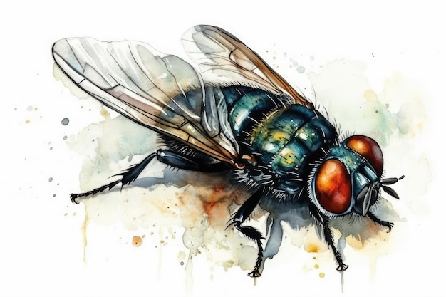 Pintura em aquarela de uma mosca em um fundo liso IA generativa