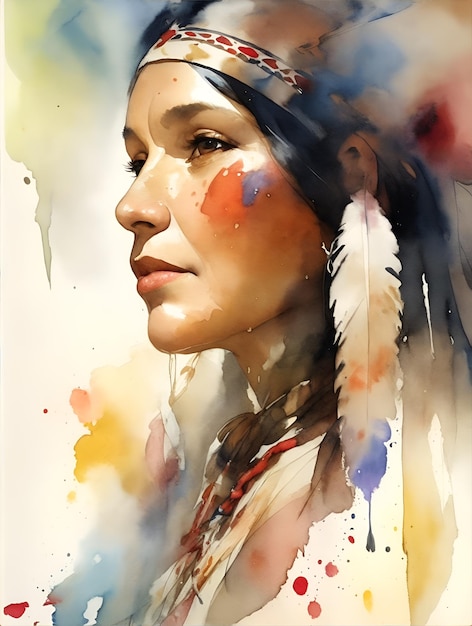 Pintura em aquarela de uma mulher nativa americana