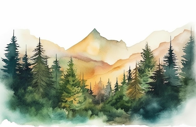 Pintura em aquarela de uma paisagem montanhosa com árvores e montanhas.