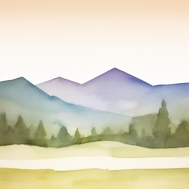 Foto pintura em aquarela de uma paisagem montanhosa com montanhas e árvores.