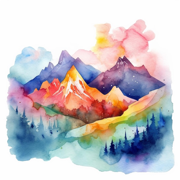 Pintura em aquarela de uma paisagem montanhosa com uma paisagem montanhosa colorida.