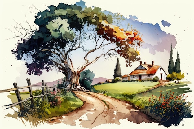 Pintura em aquarela de uma paisagem rural