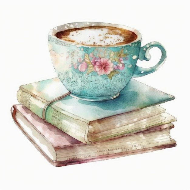 Pintura em aquarela de uma pilha de livros com uma xícara de café em cima