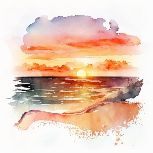 Pintura em aquarela de uma praia com pôr do sol e nuvens.